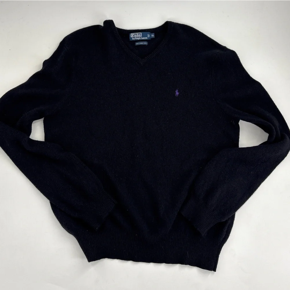 Polo by Ralph Lauren Black V-Neck Sweater with Purple Logo